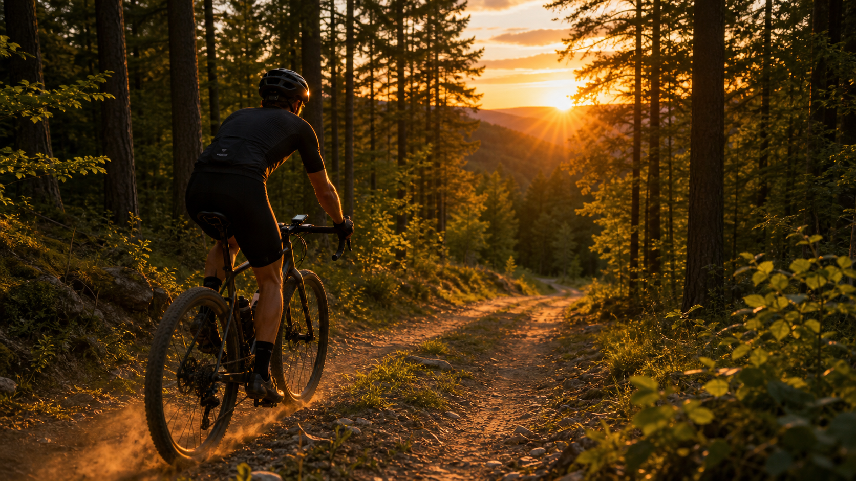 Cyclist riding through a forest trail at sunset